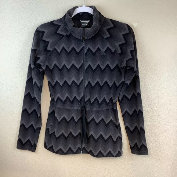 The North Face Jacket Women's Black Gray Terry Fleece Zip Front Tie waist - Picture 1 of 13